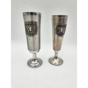 Art Pewter Bolivia Cups With Tribal Decoration silver tone goblet or cordial